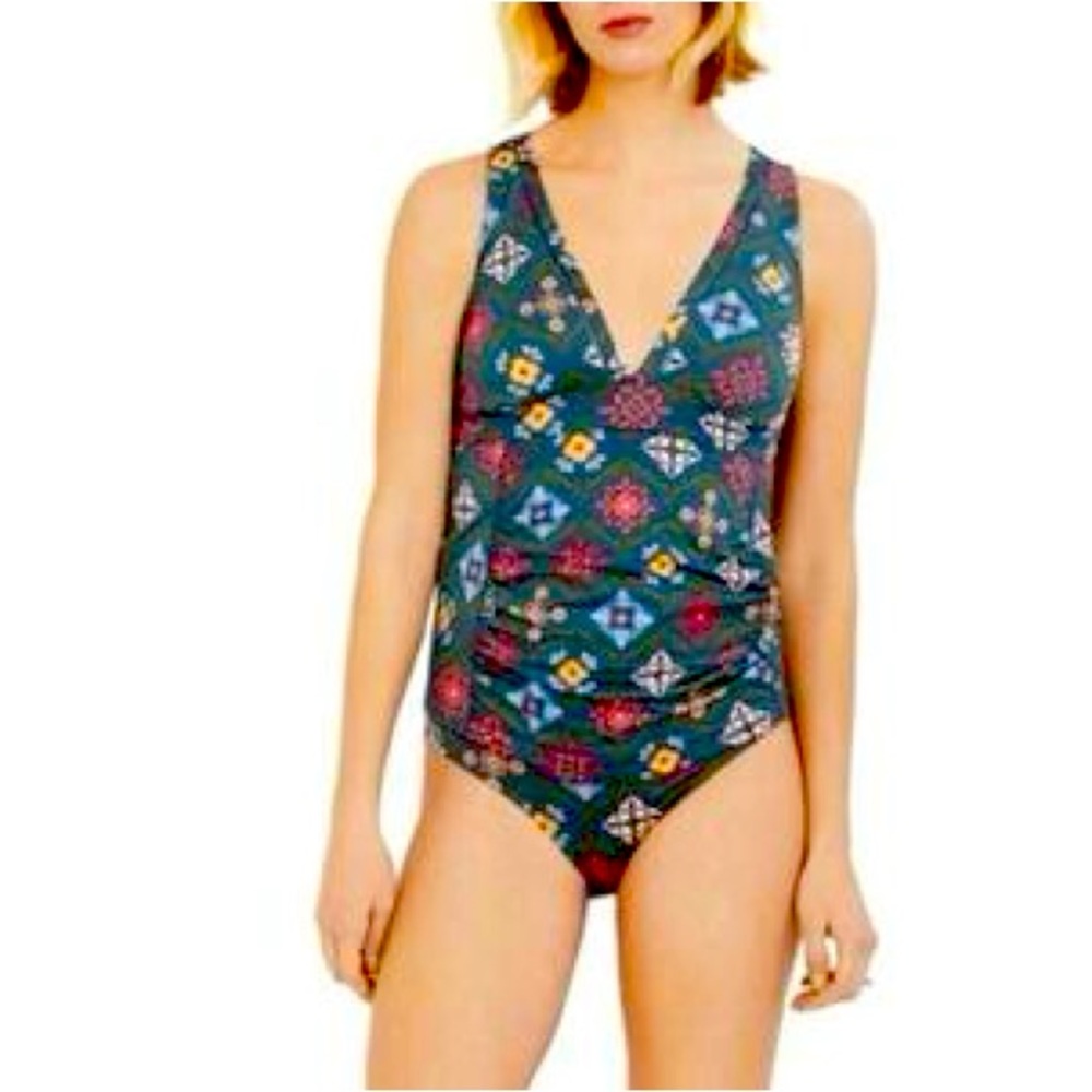 Maternity A Pea In The Pod 2 Piece Set Tankini Swimsuit Blue Green Floral XS NWT